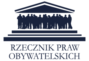 Logo Rzecznika Praw Obywatelskich. Na obrazie dach chroniący wiele osób. Granatowy podpis Rzecznik Praw Obywatelskich.